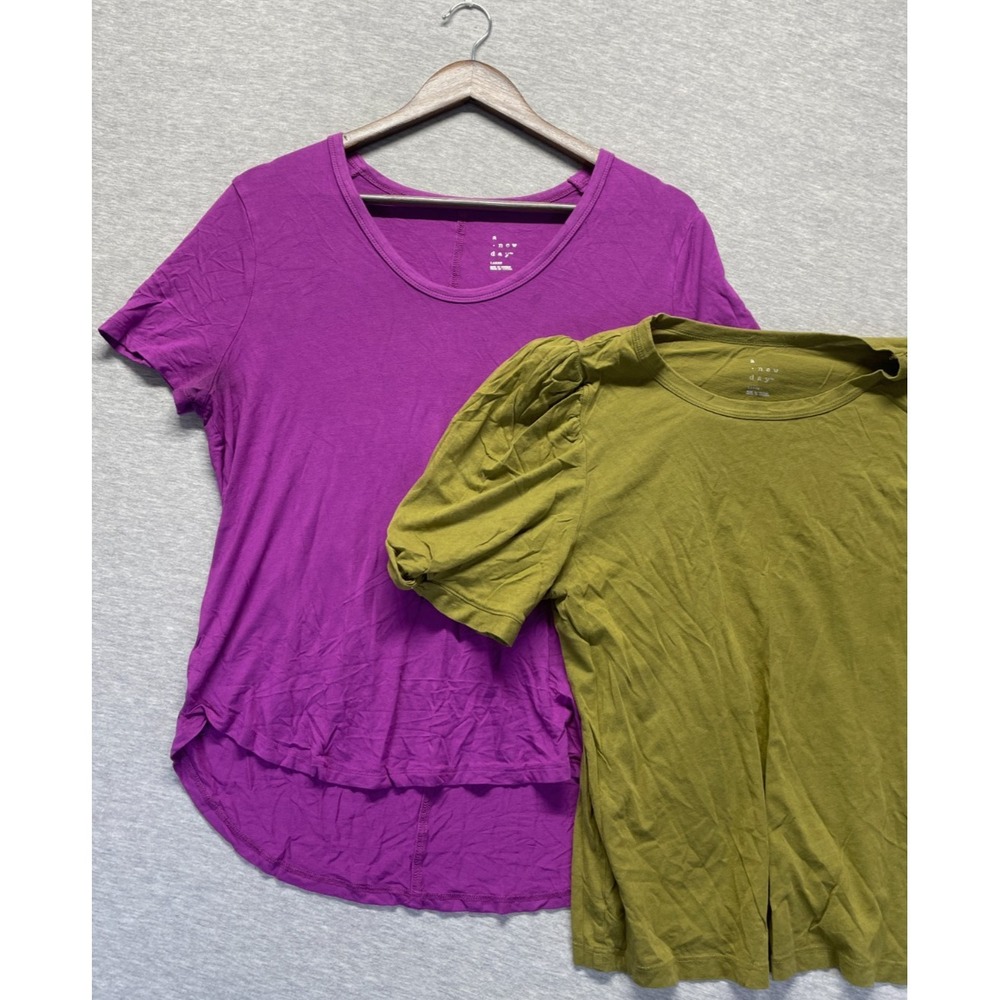 A New Day T Shirt Womens Large Green Purple Puff Sleeves High Low Hem Lot of 2
